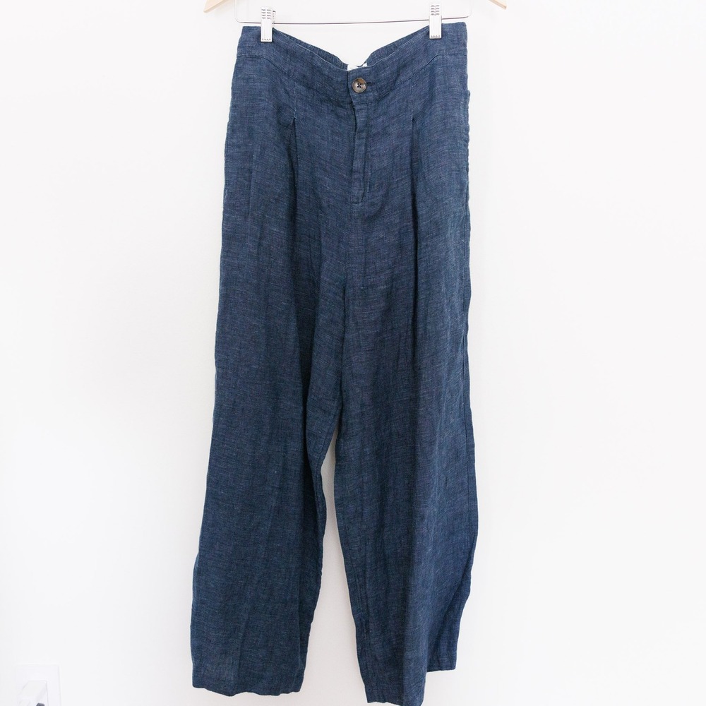 Halston Navy Blue 100% Linen Wide Leg Pleated Trousers Pants Womens Size 8
